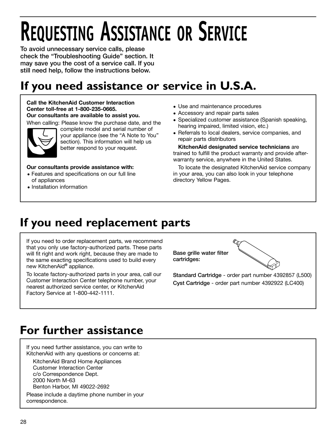 KitchenAid 2209477 manual If you need assistance or service in U.S.A, If you need replacement parts, For further assistance 