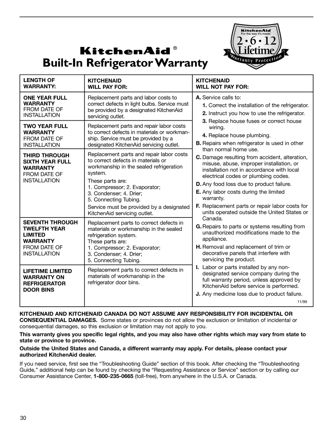 KitchenAid 2209477 manual Built-In Refrigerator Warranty, Door Bins 