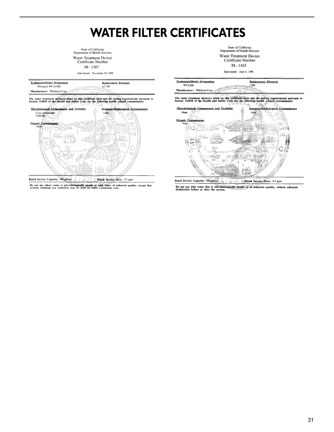 KitchenAid 2209477 manual Water Filter Certificates 