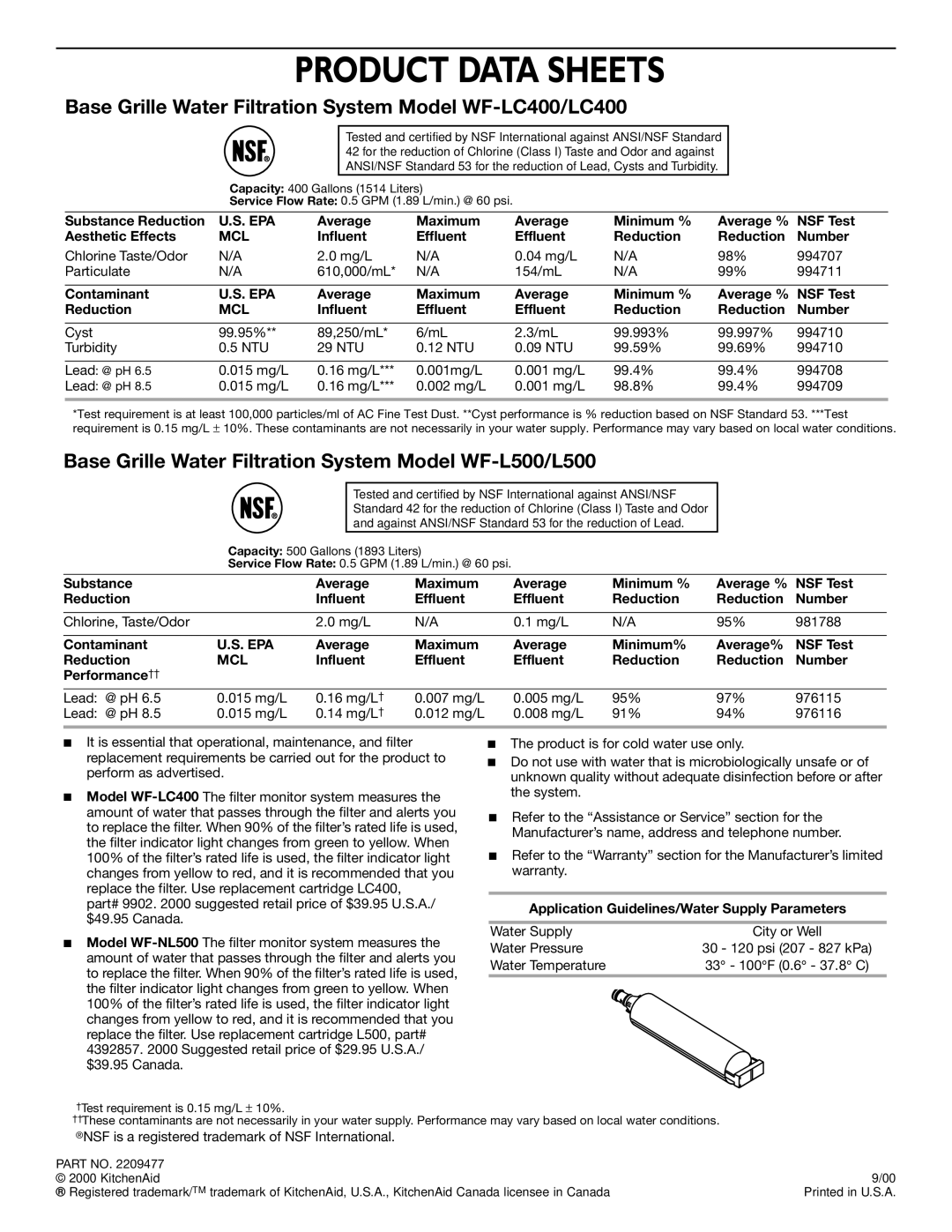 KitchenAid 2209477 manual Product Data Sheets 