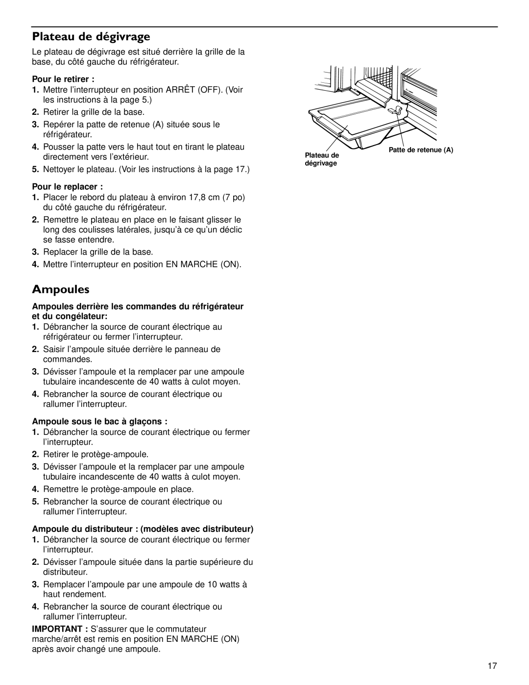 KitchenAid 2209477 manual Plateau de dégivrage, Ampoules, Ampoule sous le bac à glaç ons 