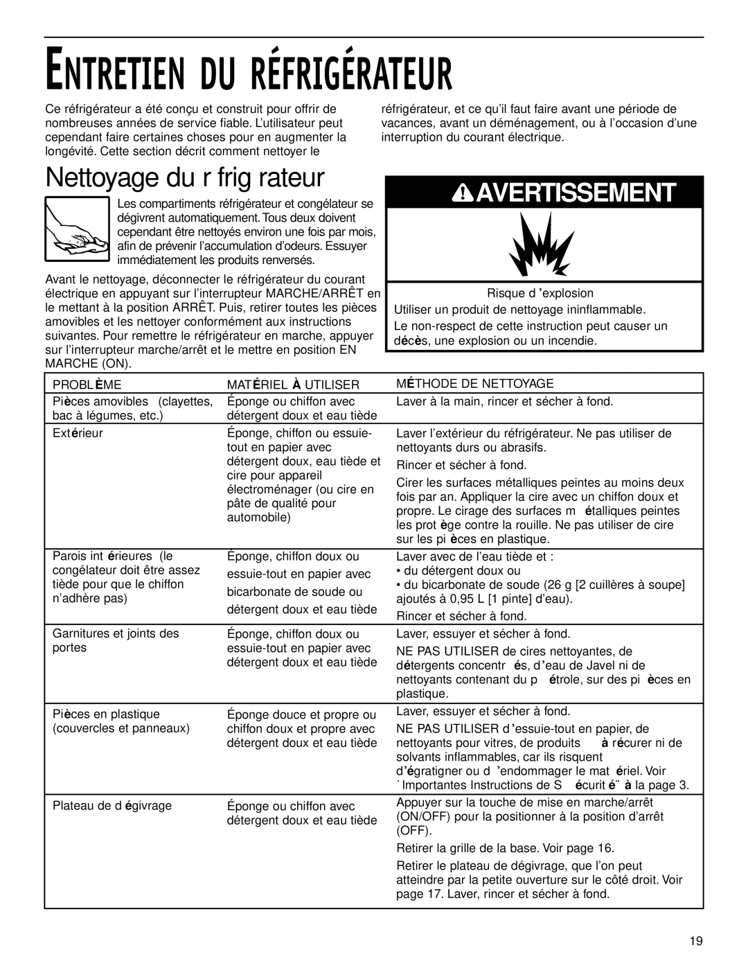 KitchenAid 2209477 manual Nettoyage du réfrigérateur, Problè ME Maté Riel À Utiliser MÉ Thode DE Nettoyage 