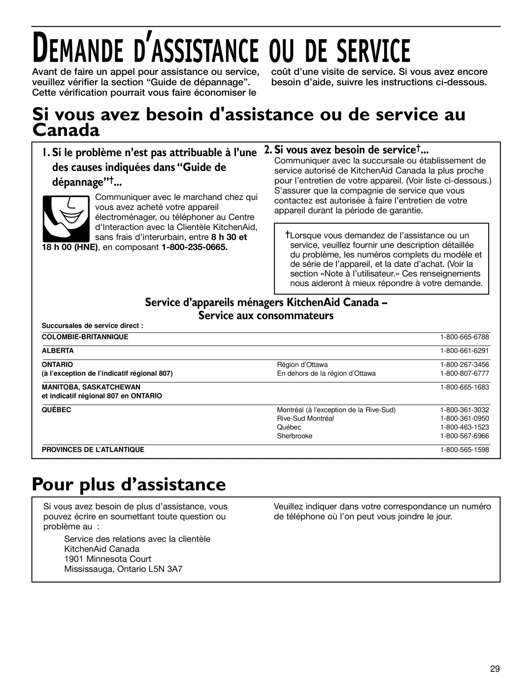 KitchenAid 2209477 Si vous avez besoin dassistance ou de service au Canada, Dépannage, Si vous avez besoin de service 