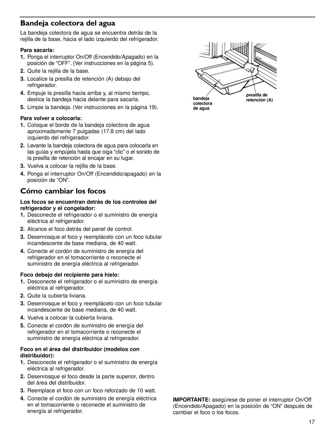 KitchenAid 2209477 manual Bandeja colectora del agua, Cómo cambiar los focos 