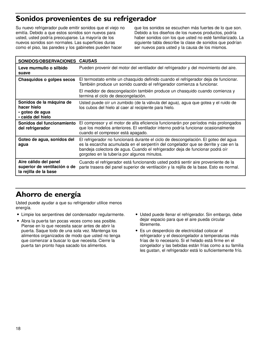 KitchenAid 2209477 manual Sonidos provenientes de su refrigerador, SONIDOS/OBSERVACIONES Causas 