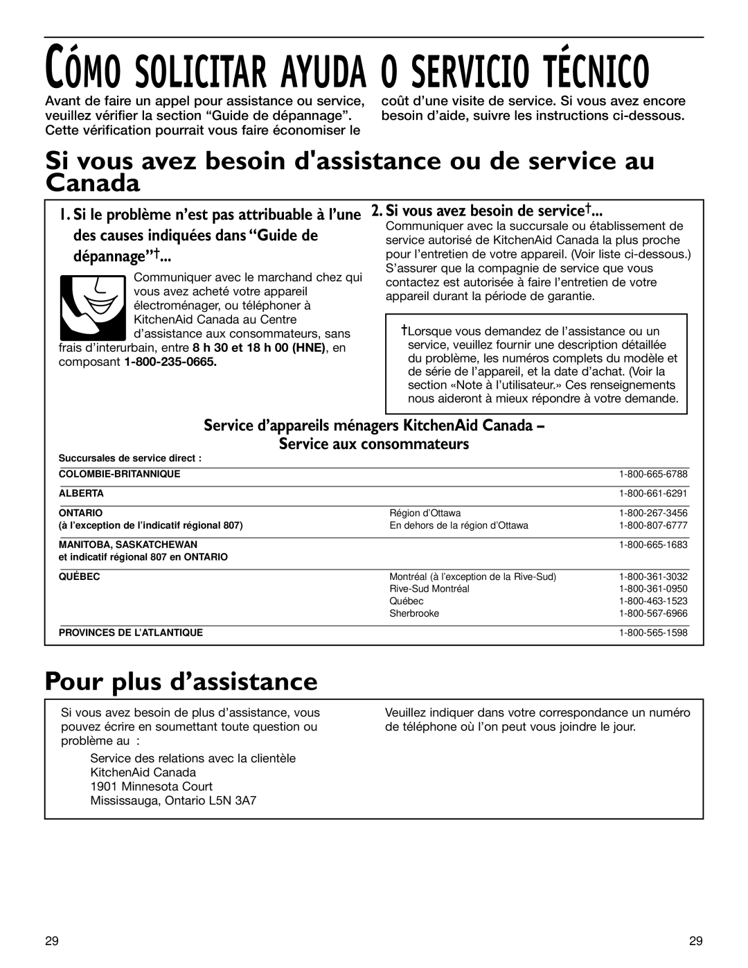 KitchenAid 2209477 manual Si vous avez besoin dassistance ou de service au Canada 