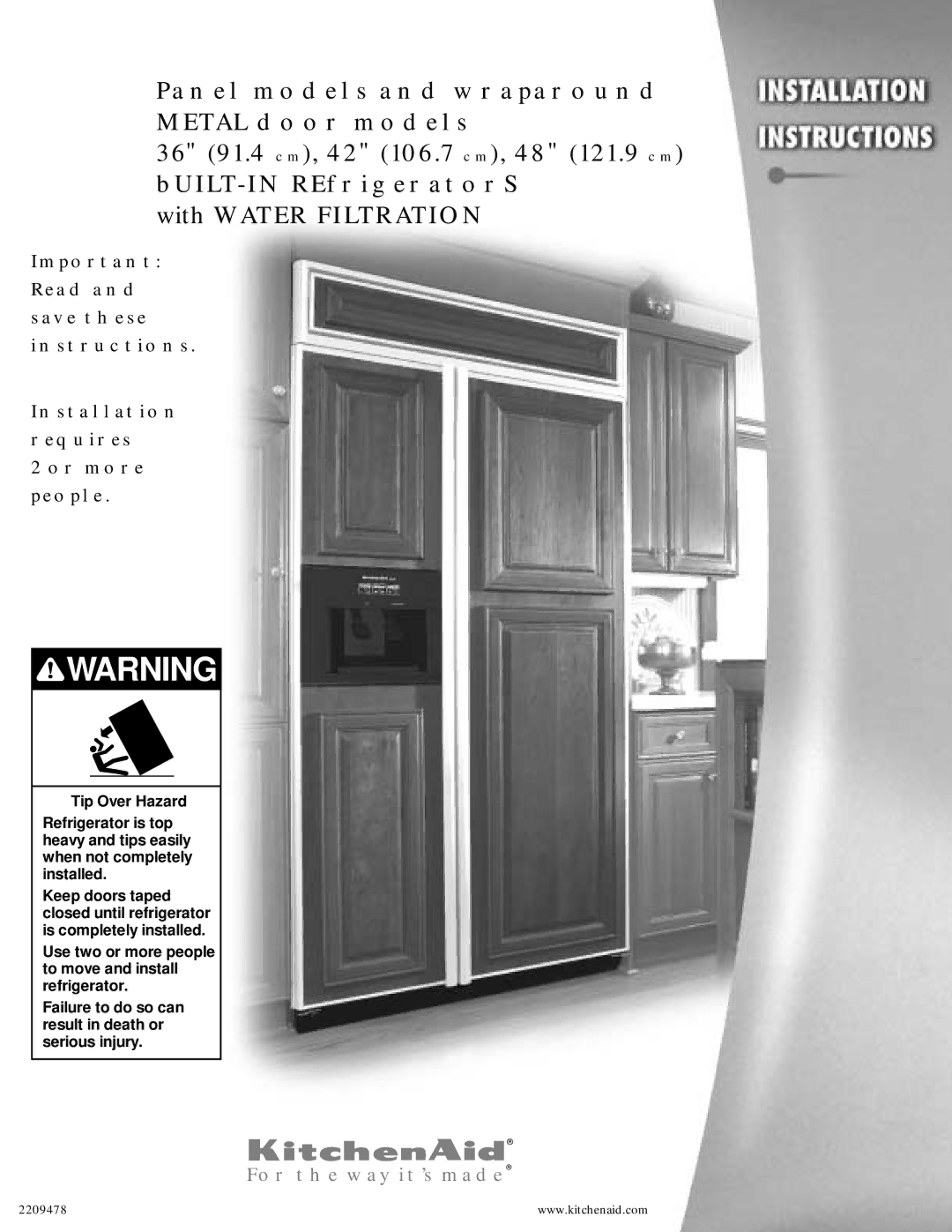 KitchenAid 2209478 manual Panel Models and Wraparound Metal Door Models 