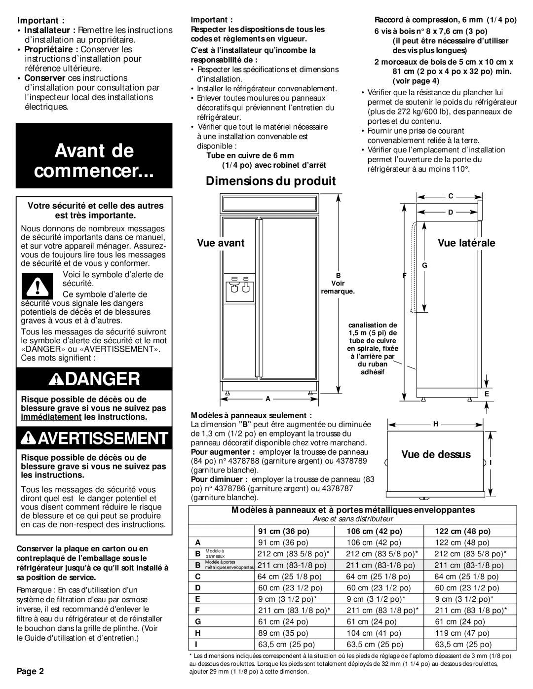 KitchenAid 2209478 manual Dimensions du produit, Vue avant Vue latérale, Vue de dessus 