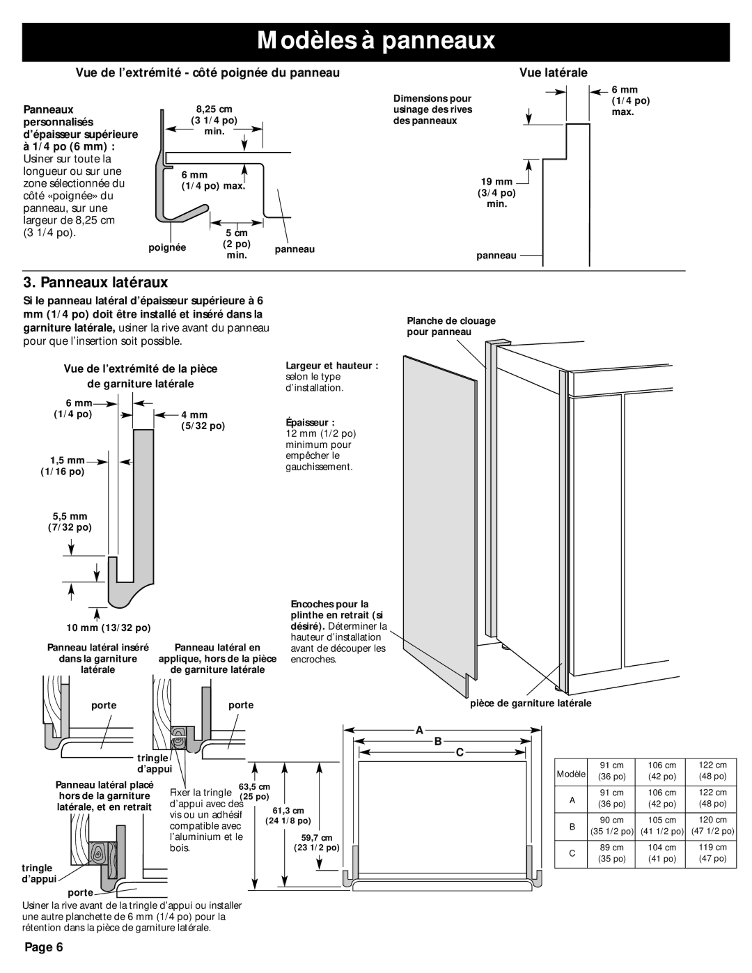 KitchenAid 2209478 manual Modèles à panneaux, Panneaux latéraux, Vue de l’extrémité côté poignée du panneau Vue latérale 