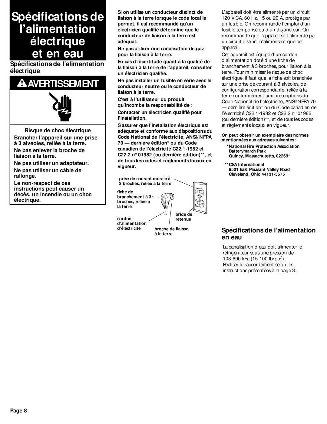 KitchenAid 2209478 manual Spécifications de l’alimentation électrique, Spécifications de l’alimentation en eau 