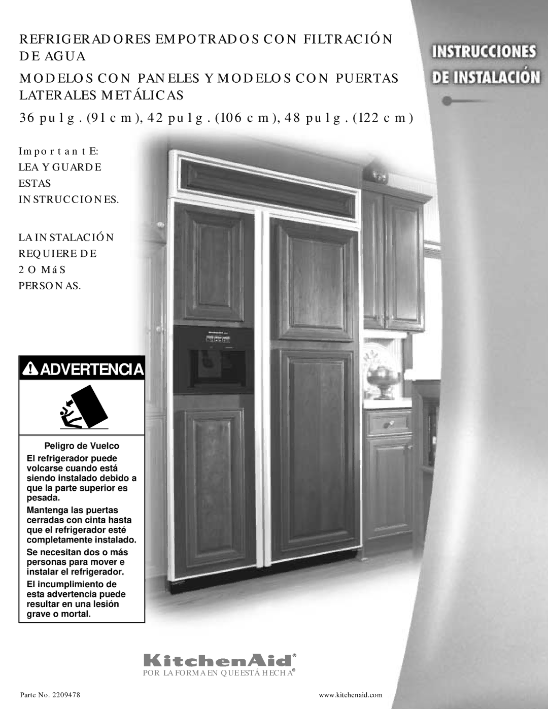 KitchenAid 2209478 manual Advertencia 