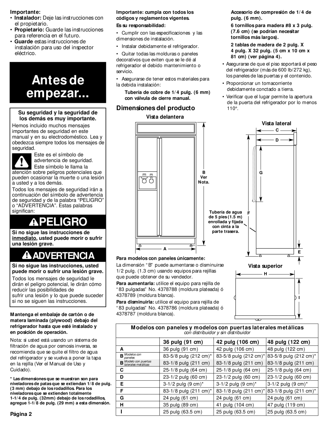 KitchenAid 2209478 manual Antes de Empezar, Dimensiones del producto 