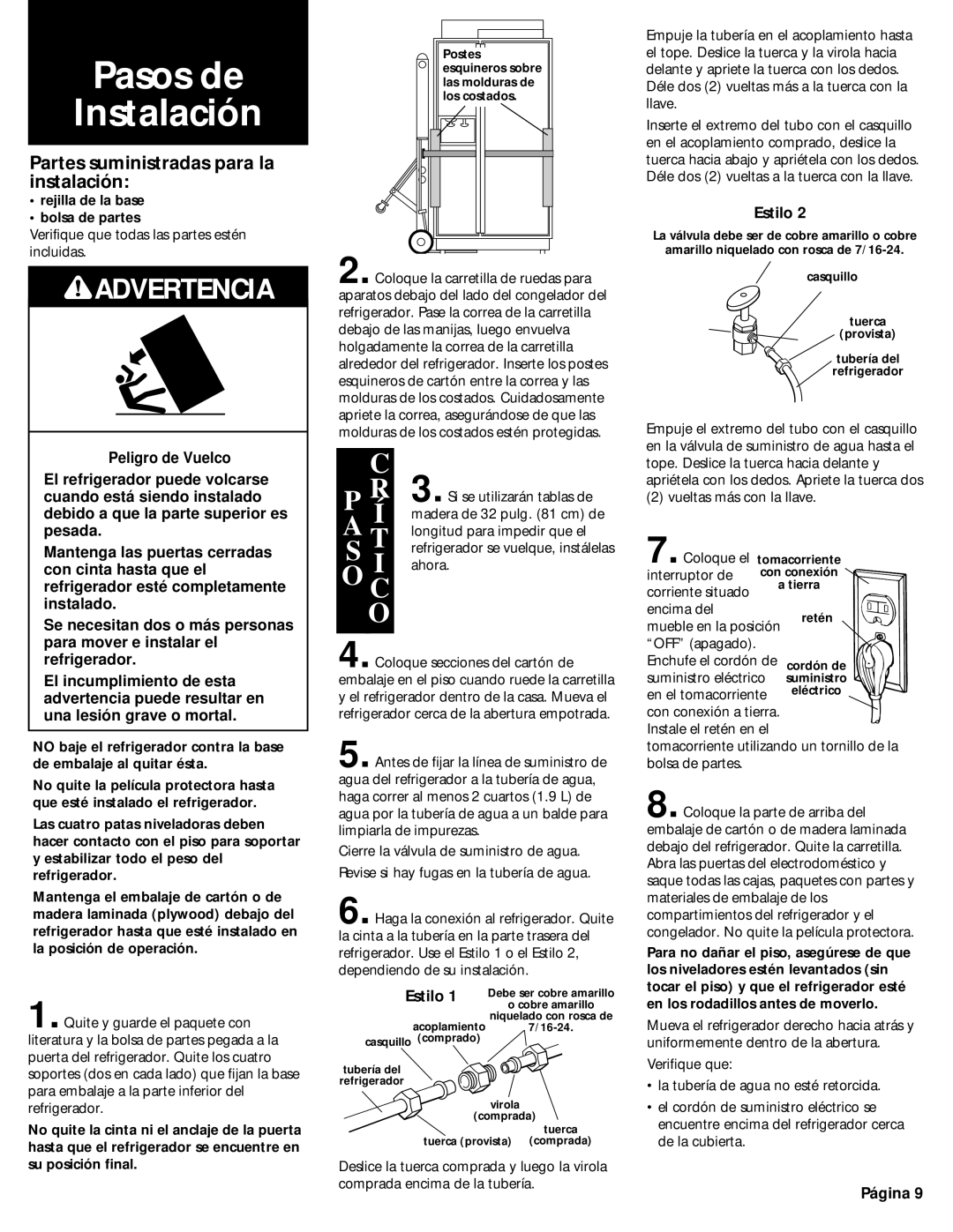 KitchenAid 2209478 manual Pasos de Instalación, Partes suministradas para la instalación, Estilo 