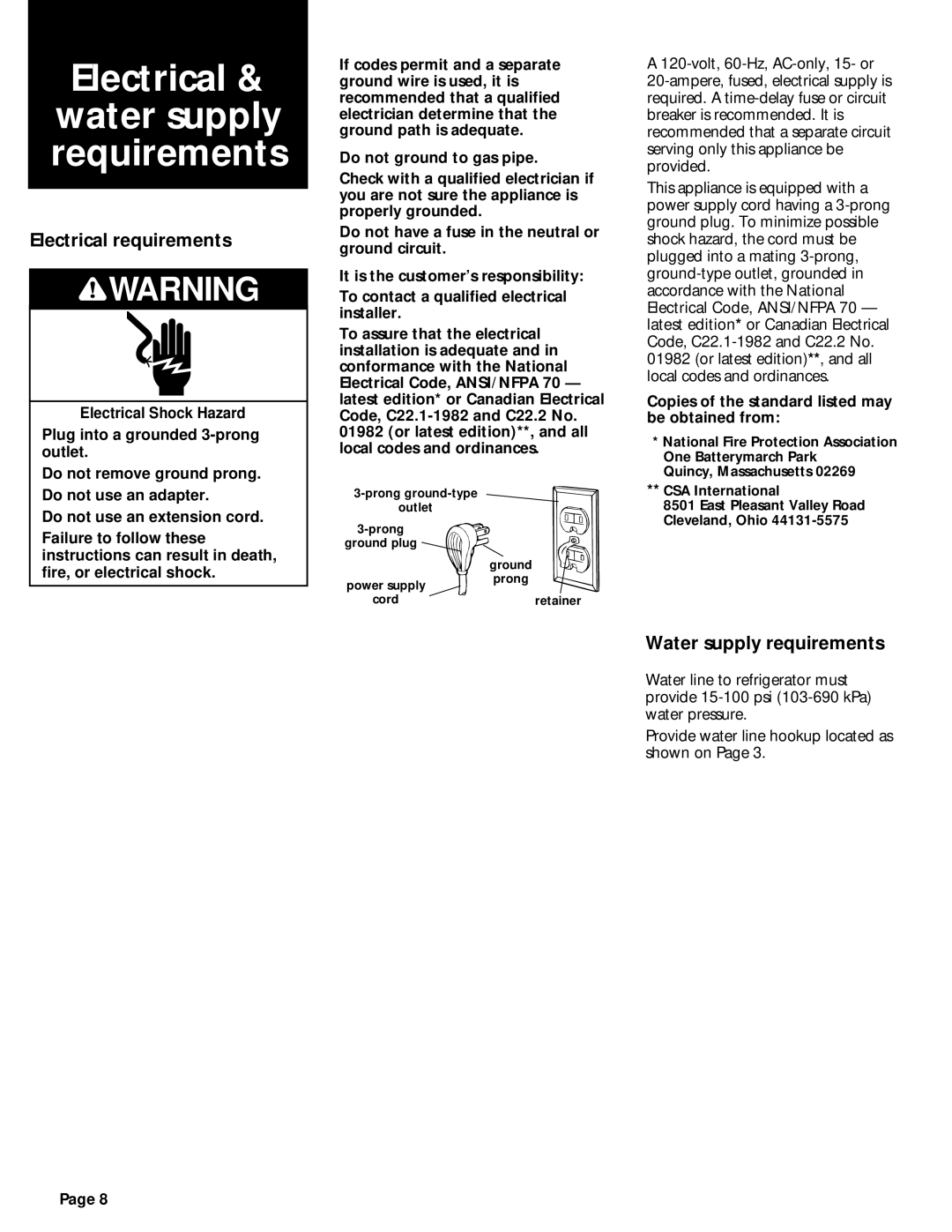 KitchenAid 2209478 Electrical Water supply requirements, Electrical requirements, Prong ground-type Outlet Ground plug 