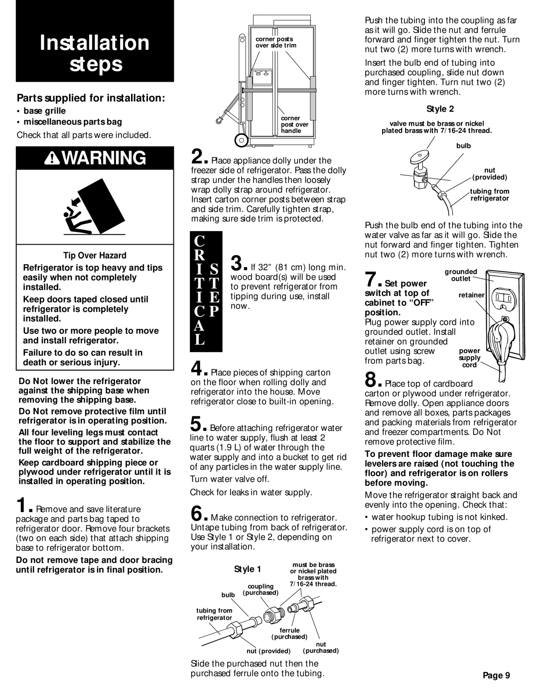 KitchenAid 2209478 manual Installation Steps, Parts supplied for installation 