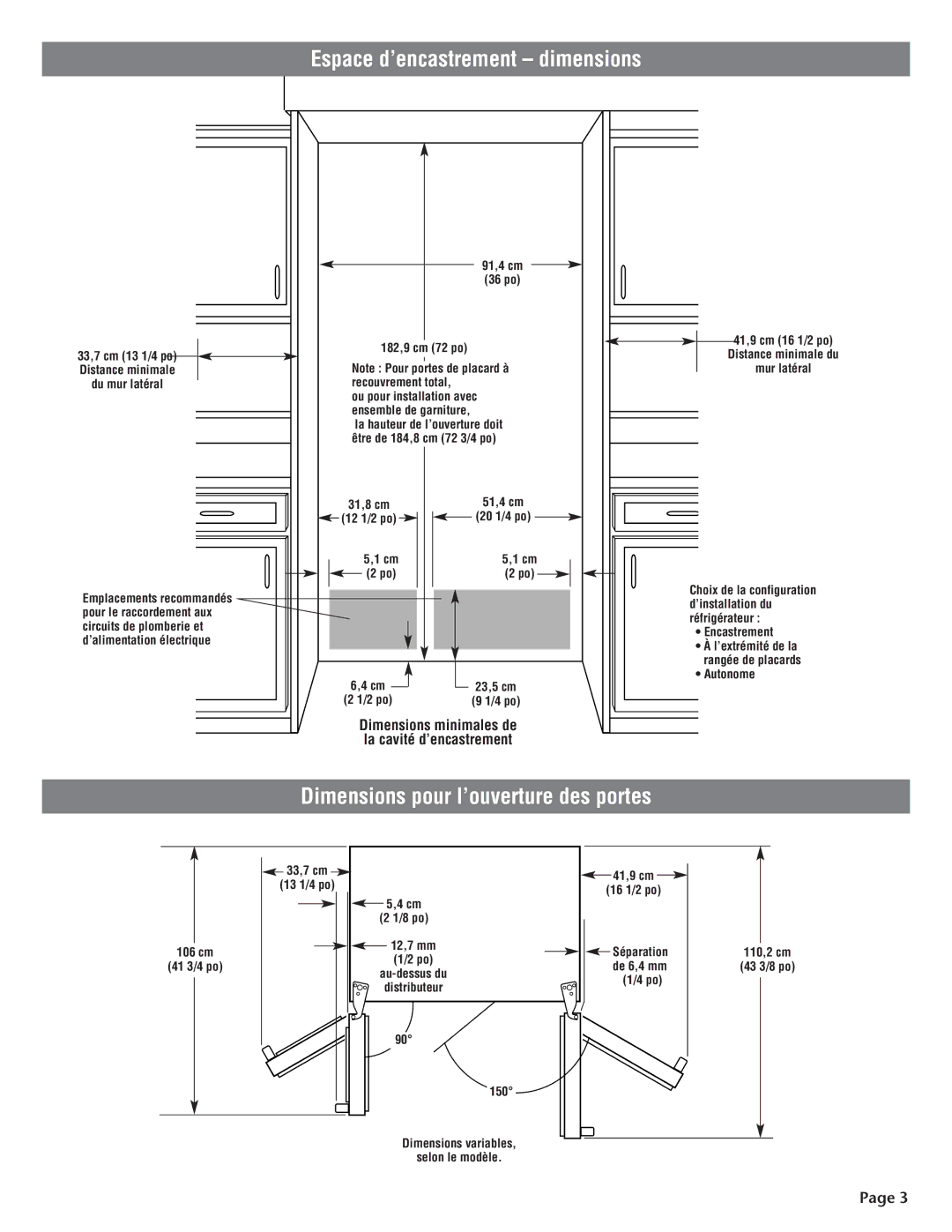 KitchenAid 2210725 manual Espace d’encastrement dimensions, Dimensions pour l’ouverture des portes 