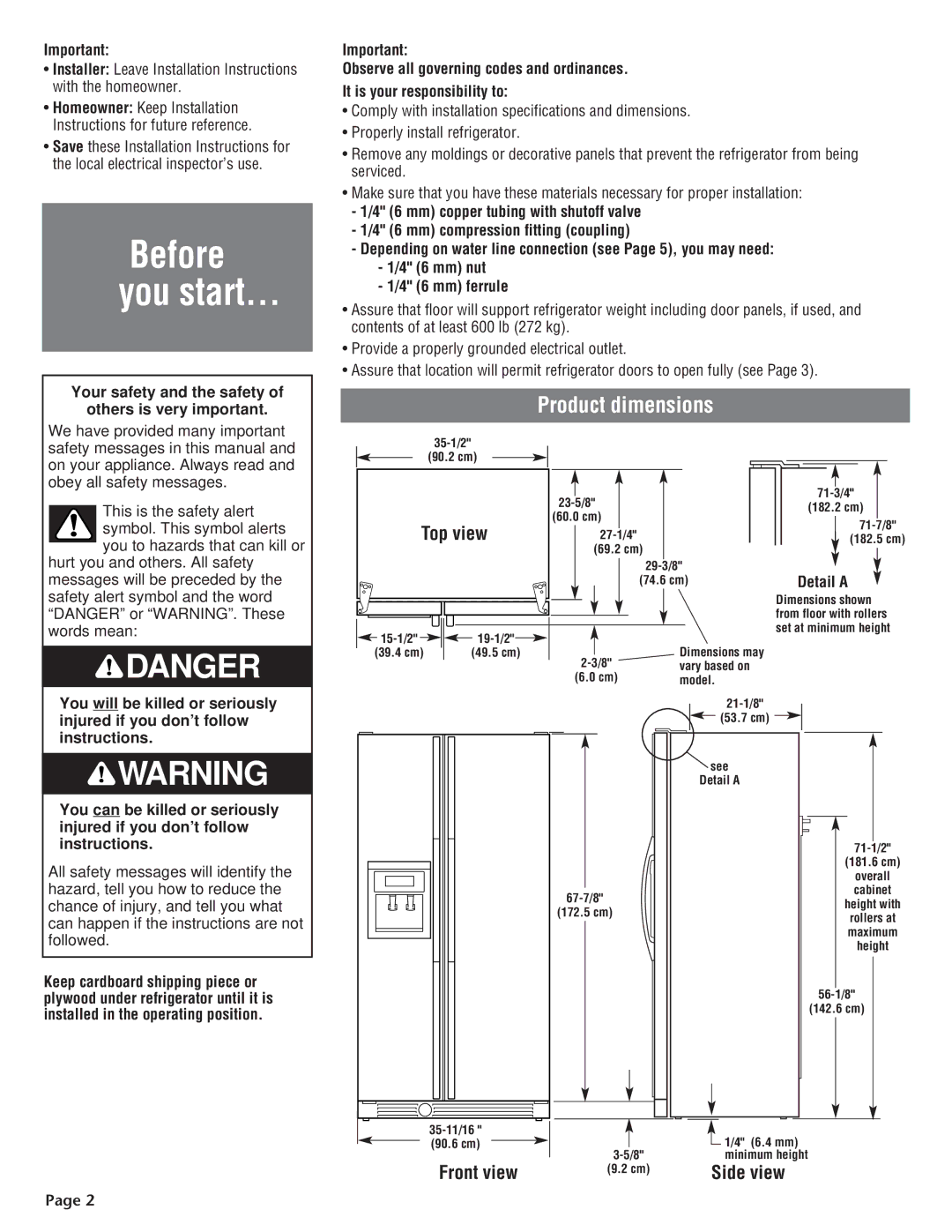 KitchenAid 2210725 manual Before You start, Product dimensions, Detail a 