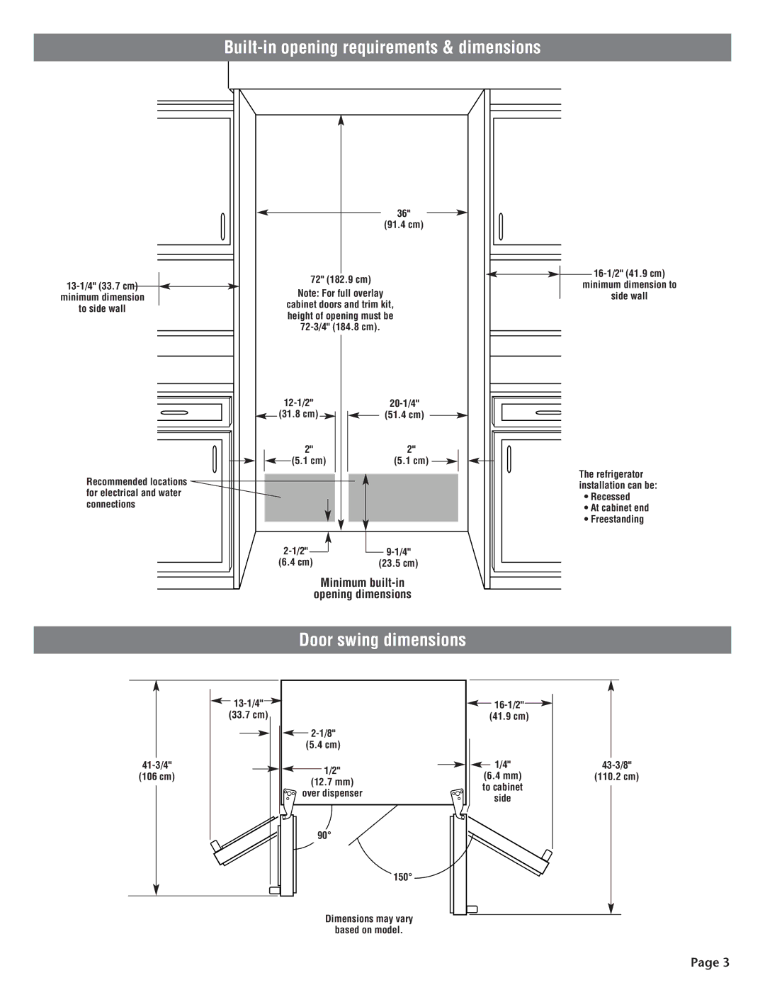 KitchenAid 2210725 manual Door swing dimensions, Minimum built-in, Opening dimensions 