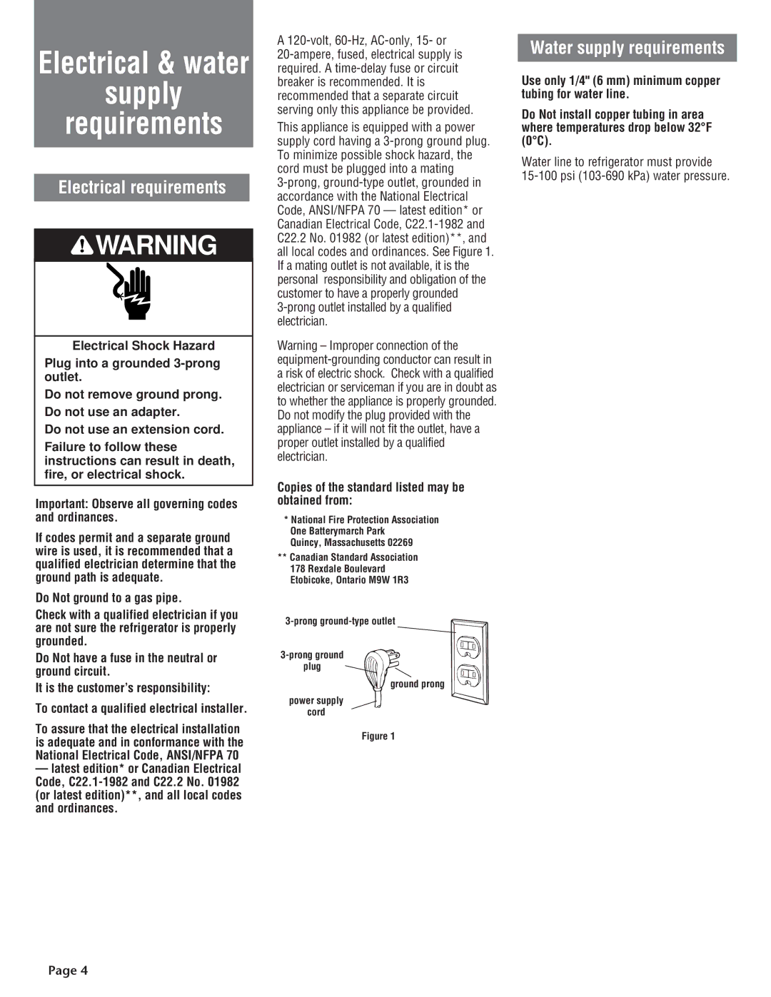 KitchenAid 2210725 Supply Requirements, Electrical requirements, Water supply requirements, Volt, 60-Hz, AC-only, 15- or 