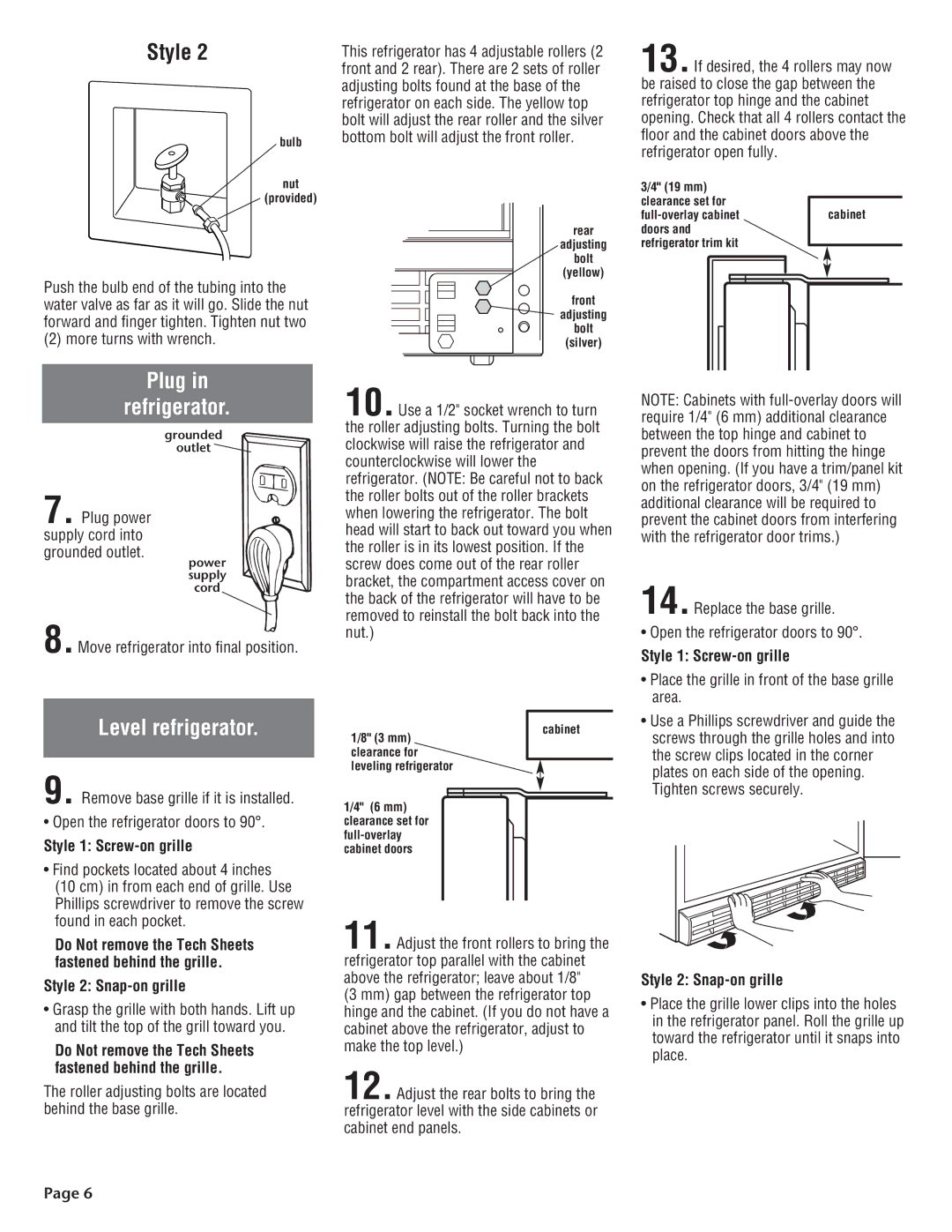 KitchenAid 2210725 manual Plug Refrigerator, Level refrigerator, Style 1 Screw-on grille, Style 2 Snap-on grille 