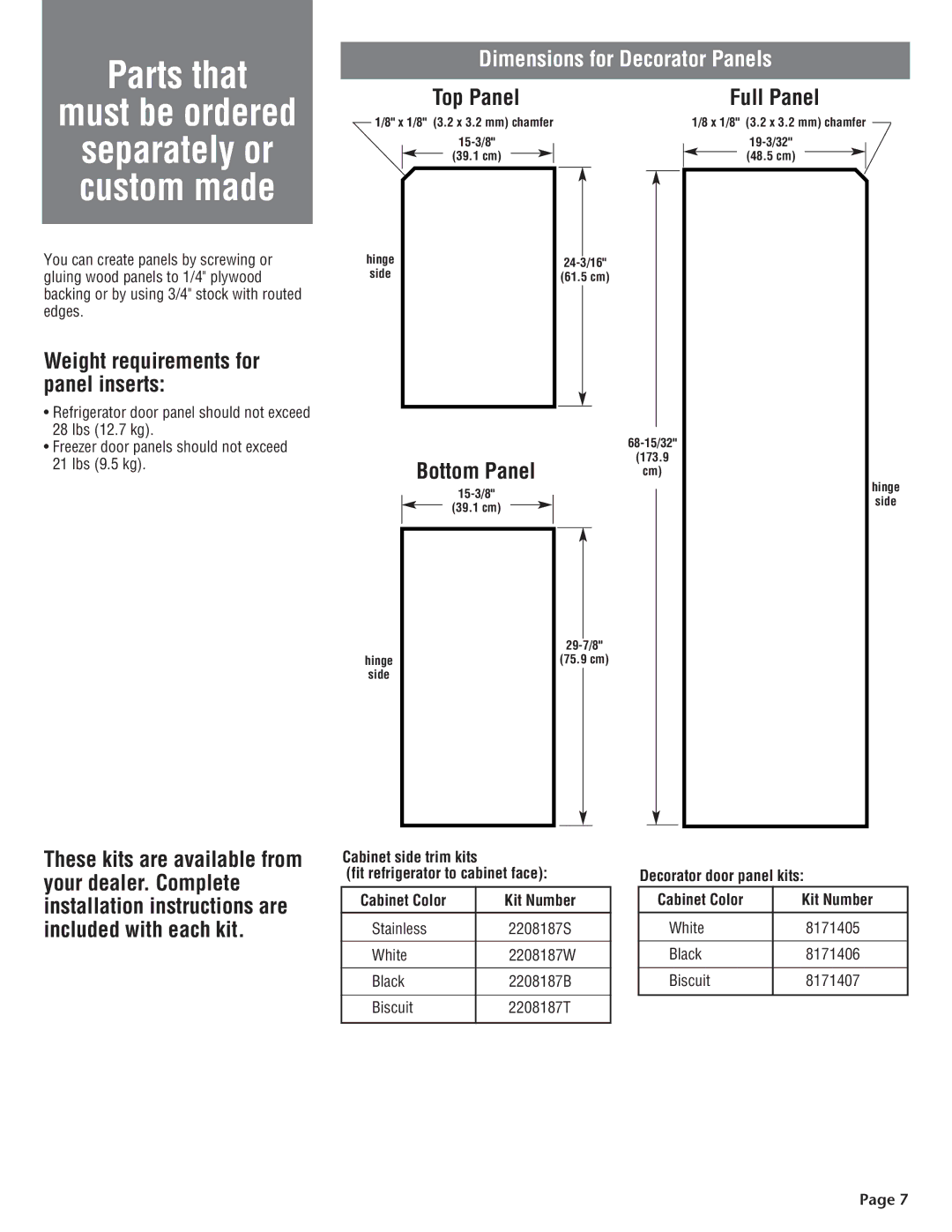 KitchenAid 2210725 manual Parts that Must be ordered, Dimensions for Decorator Panels, Full Panel 