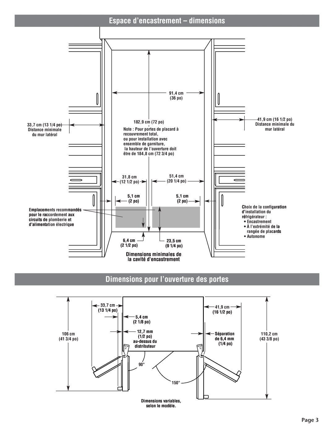 KitchenAid 2210725 manual Espace d’encastrement - dimensions, Dimensions pour l’ouverture des portes, Page 