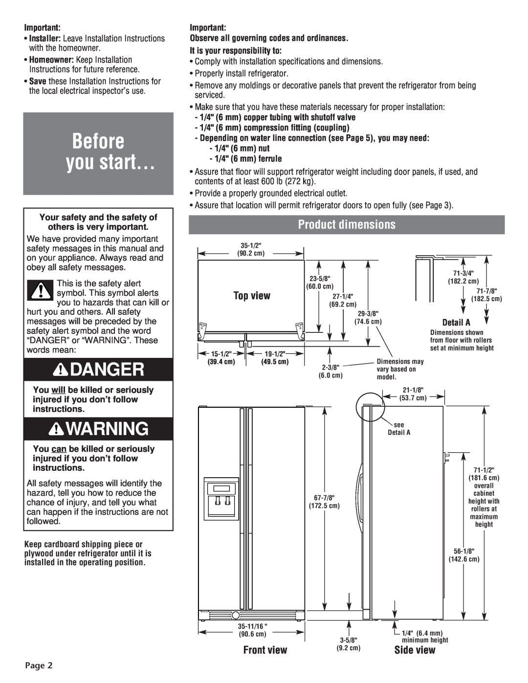 KitchenAid 2210725 manual Before you start, Danger, Product dimensions, Top view, Front view, Side view, Page 