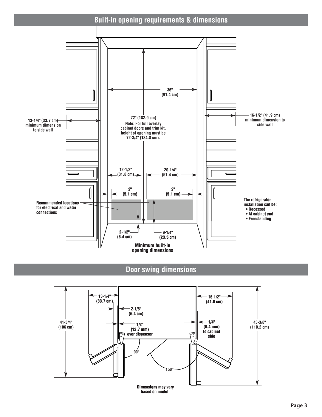 KitchenAid 2210725 manual Door swing dimensions, Built-in opening requirements & dimensions, Page 