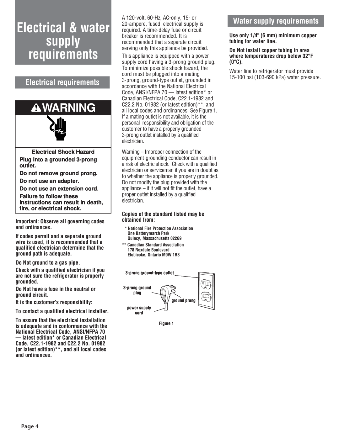KitchenAid 2210725 manual Electrical requirements, Water supply requirements, Electrical & water, Page 