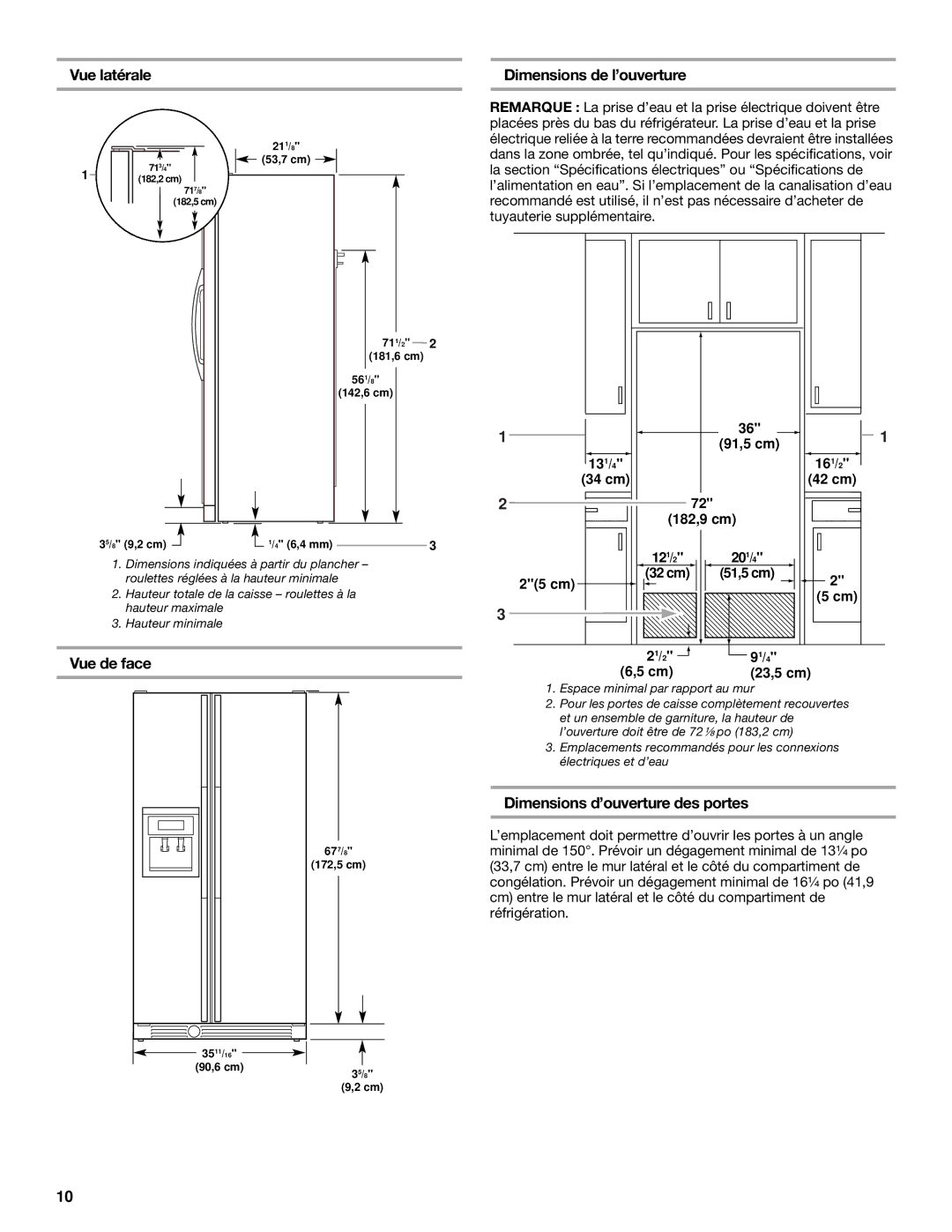 KitchenAid 2221514A Vue latérale, Vue de face, Dimensions de l’ouverture, Dimensions d’ouverture des portes 