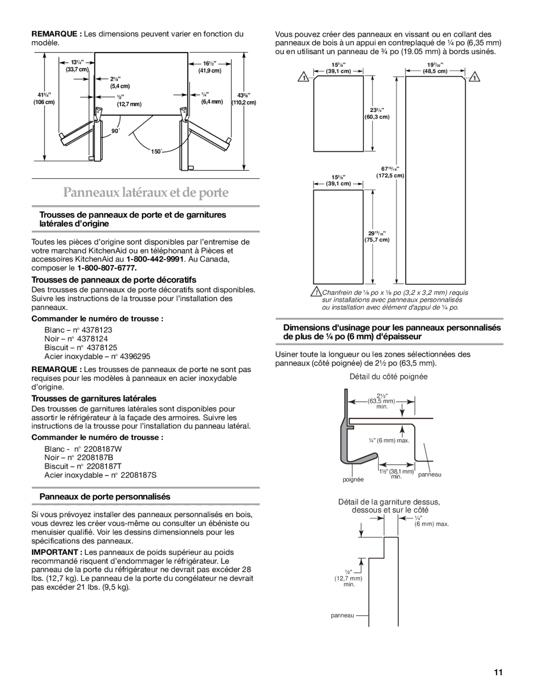 KitchenAid 2221514A installation instructions Panneaux latéraux et de porte, Trousses de panneaux de porte décoratifs 