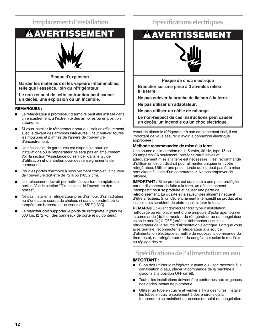 KitchenAid 2221514A Emplacement d’installation, Spécifications électriques, Spécifications de l’alimentation en eau 