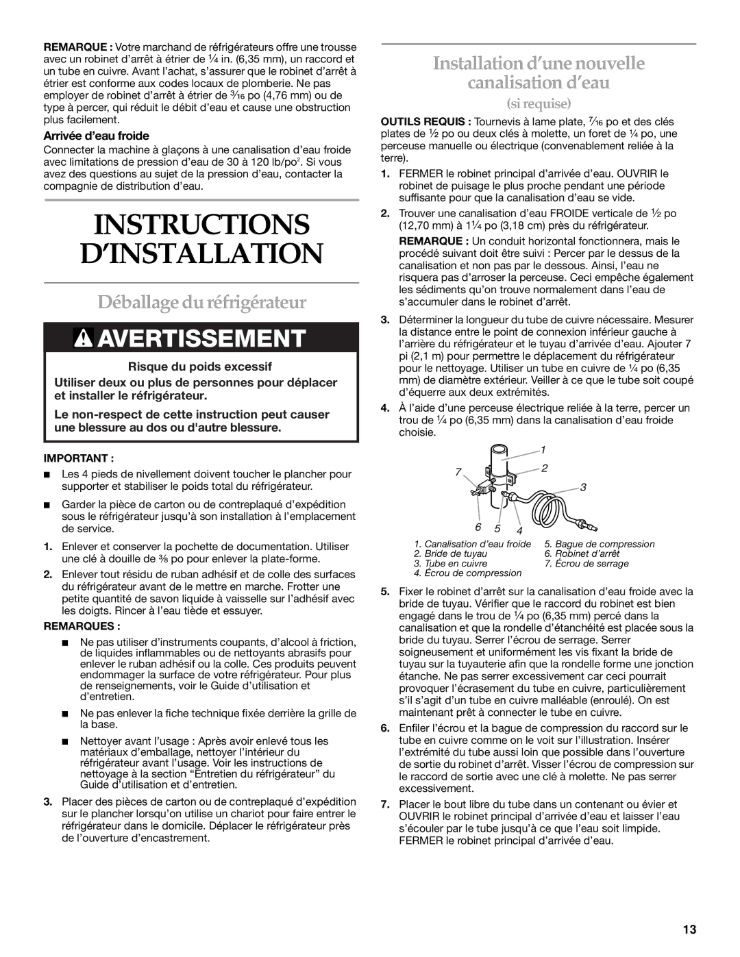 KitchenAid 2221514A Instructions ’INSTALLATION, Déballage du réfrigérateur, Installation d’une nouvelle Canalisation d’eau 