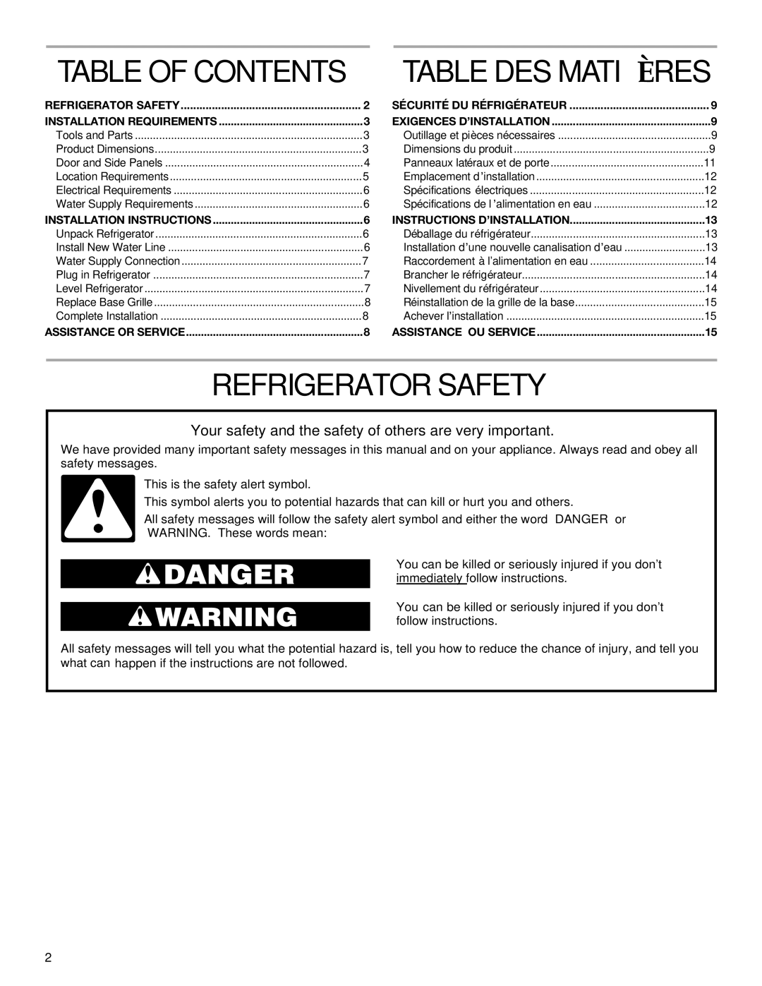 KitchenAid 2221514A installation instructions Table of Contents Table DES Matières, Refrigerator Safety 