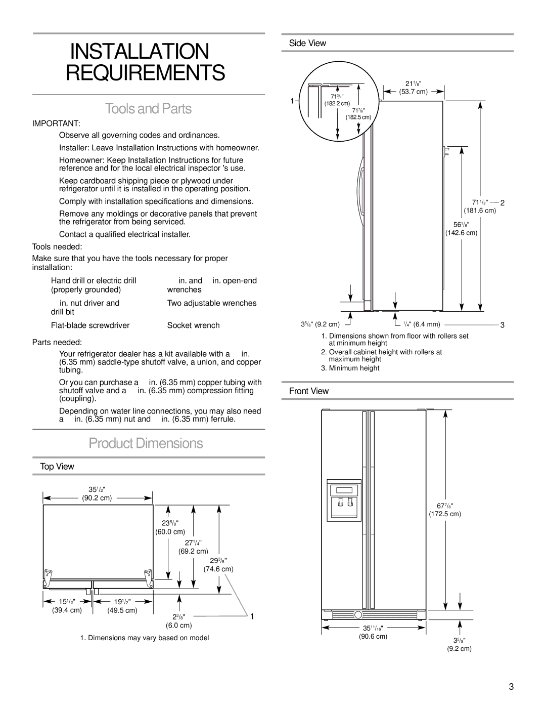 KitchenAid 2221514A installation instructions Installation Requirements, Tools and Parts, Product Dimensions 