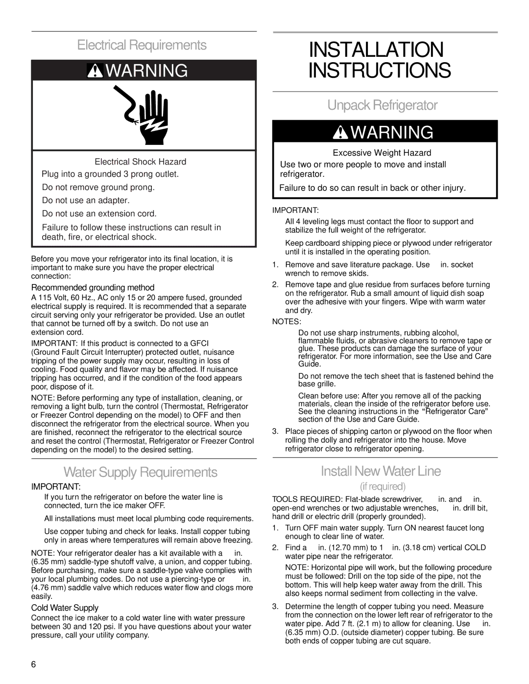 KitchenAid 2221514A Electrical Requirements, Unpack Refrigerator, Water Supply Requirements, Install New Water Line 