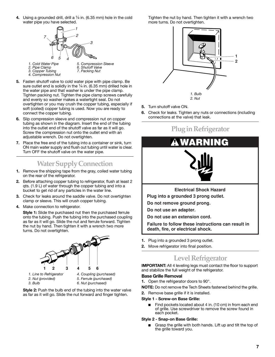 KitchenAid 2221514A Water Supply Connection, Plug in Refrigerator, Level Refrigerator, Base Grille Removal 