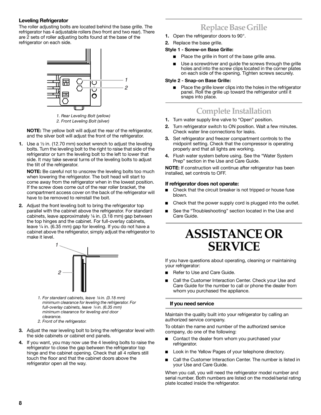 KitchenAid 2221514A installation instructions Assistance or Service, Replace Base Grille, Complete Installation 