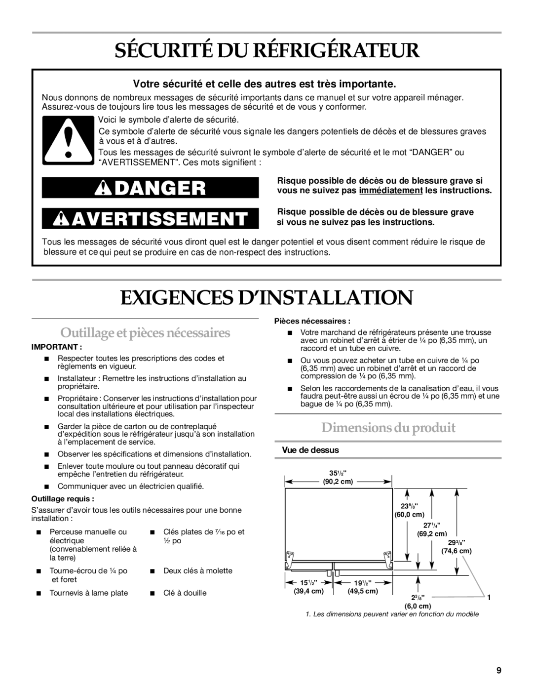 KitchenAid 2221514A Sécurité DU Réfrigérateur, Exigences D’INSTALLATION, Outillage et pièces nécessaires, Vue de dessus 