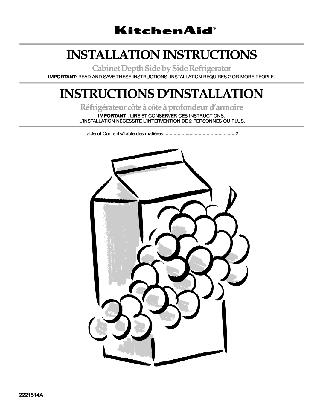 KitchenAid 2221514A installation instructions Installation Instructions, Instructions D’Installation 