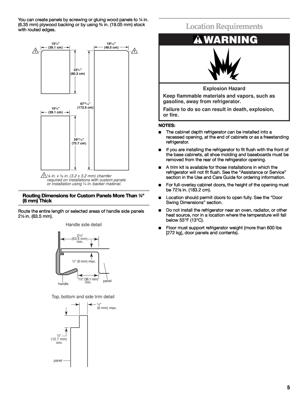 KitchenAid 2221514A Location Requirements, Routing Dimensions for Custom Panels More Than ¹⁄₄ 6 mm Thick, Explosion Hazard 