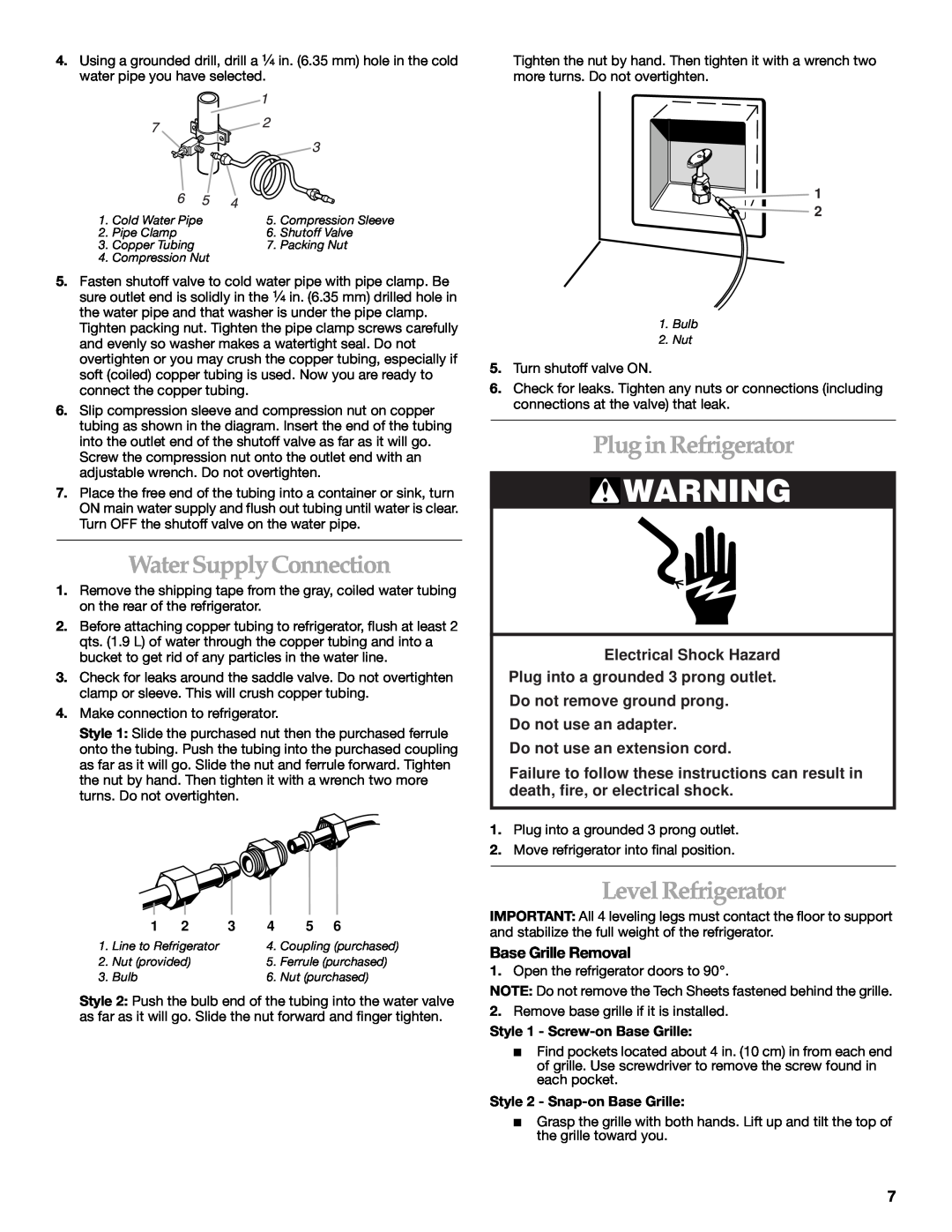 KitchenAid 2221514A Water Supply Connection, Plug in Refrigerator, Level Refrigerator, Base Grille Removal 