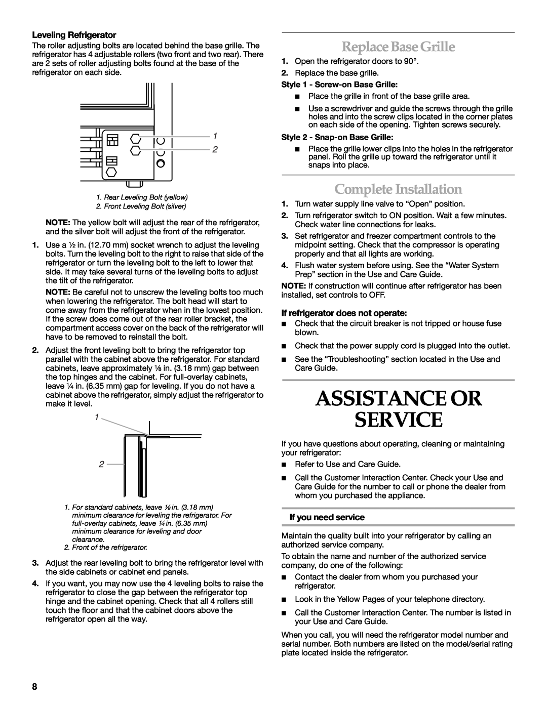 KitchenAid 2221514A Assistance Or Service, Replace Base Grille, Complete Installation, Leveling Refrigerator 