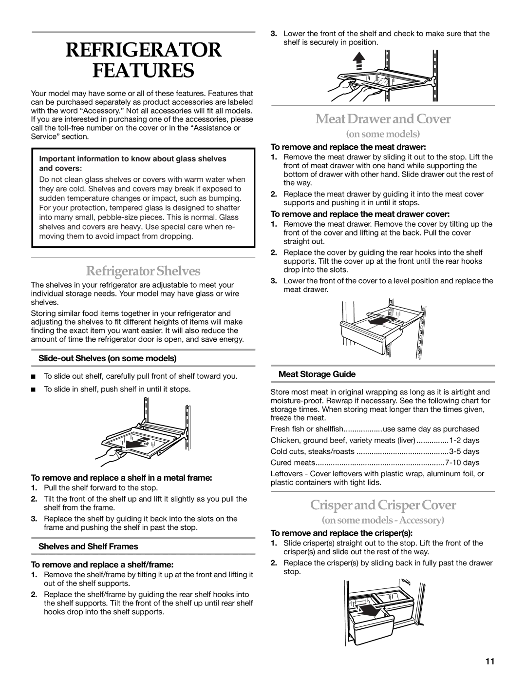 KitchenAid 12642708SP manual Refrigerator Features, Refrigerator Shelves, Meat Drawer and Cover, Crisper and Crisper Cover 