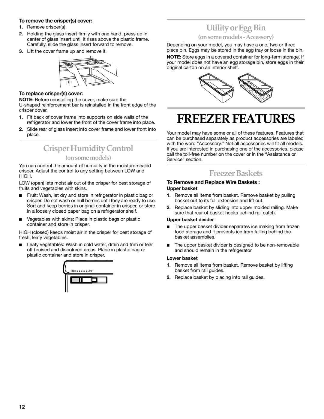 KitchenAid 2225033A, 12642708SP manual Freezer Features, Utility or Egg Bin, Crisper Humidity Control, Freezer Baskets 