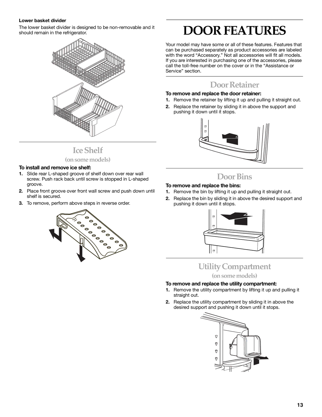 KitchenAid 12642708SP, 2225033A manual Door Features, Ice Shelf, Door Retainer, Door Bins, Utility Compartment 