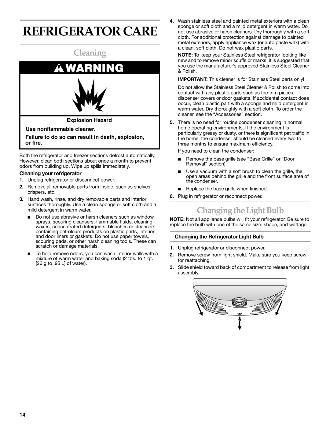 KitchenAid 2225033A, 12642708SP manual Refrigerator Care, Changing the Light Bulb, Cleaning your refrigerator 