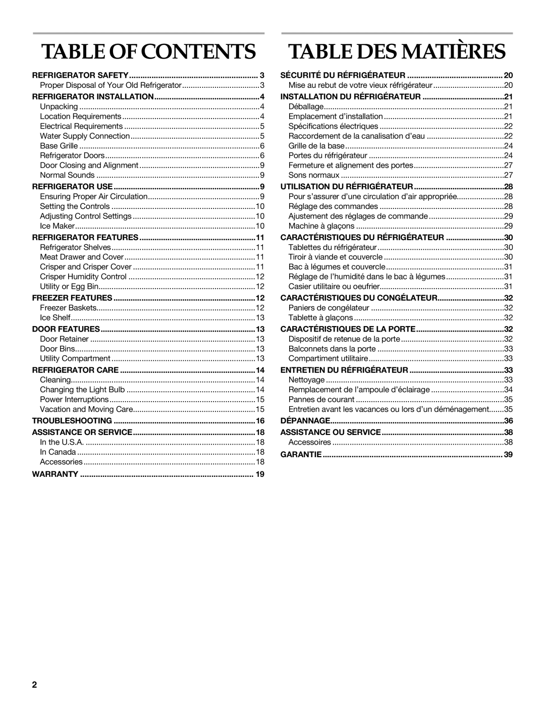 KitchenAid 2225033A, 12642708SP manual Table of Contents, Table DES Matières 