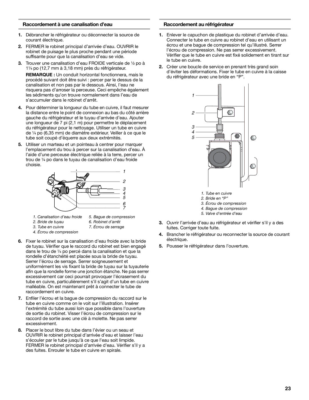 KitchenAid 12642708SP, 2225033A manual Raccordement à une canalisation d’eau, Raccordement au réfrigérateur 