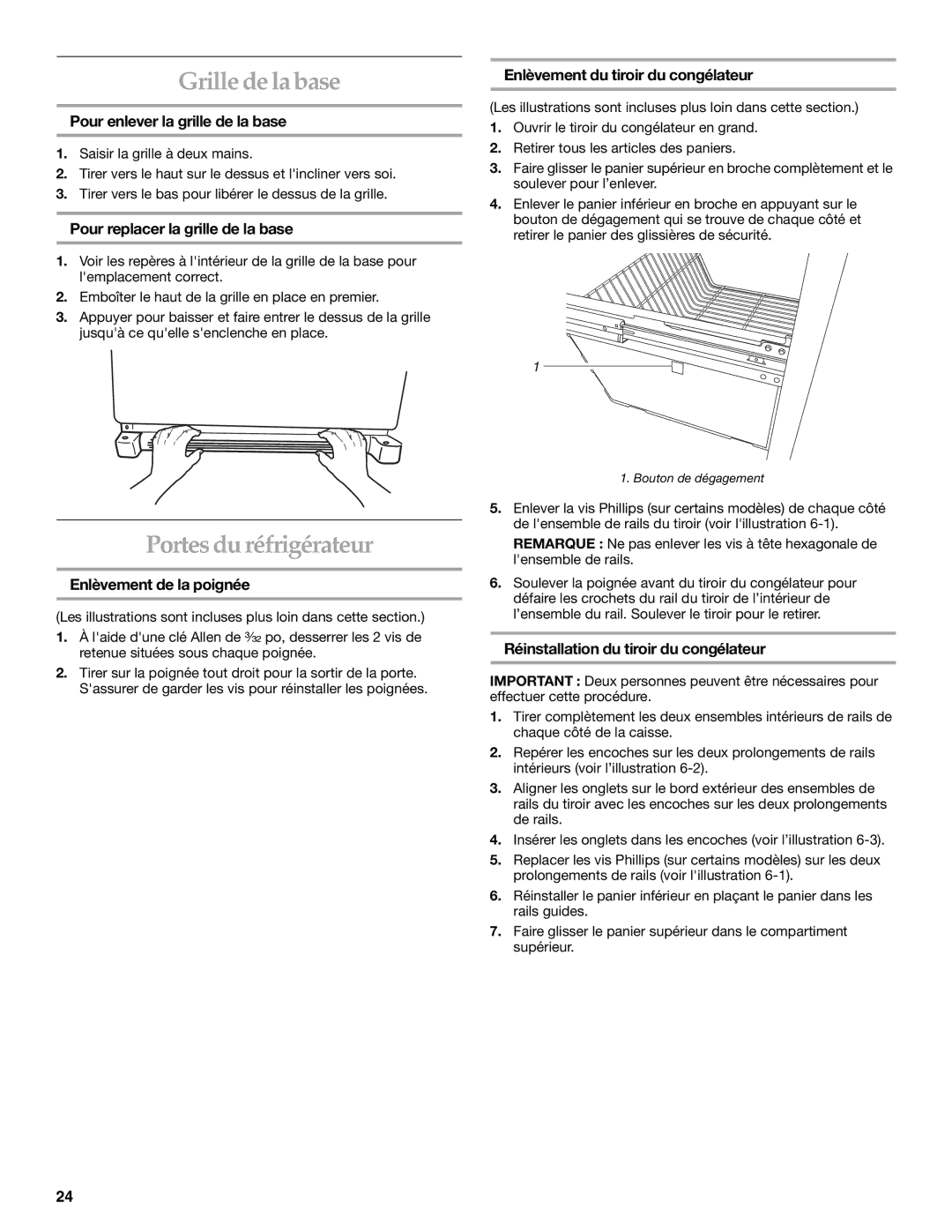 KitchenAid 2225033A, 12642708SP manual Grille de la base, Portes du réfrigérateur 